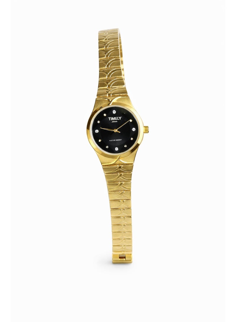 Timely Women’s Analog Watch with Gold-Tone Stainless Steel Strap – Black Dial